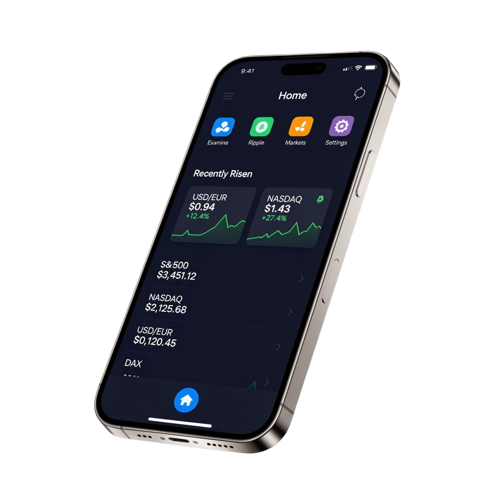 Aplicação móvel AI App a mostrar painel de trading com cotações de criptomoedas e índices